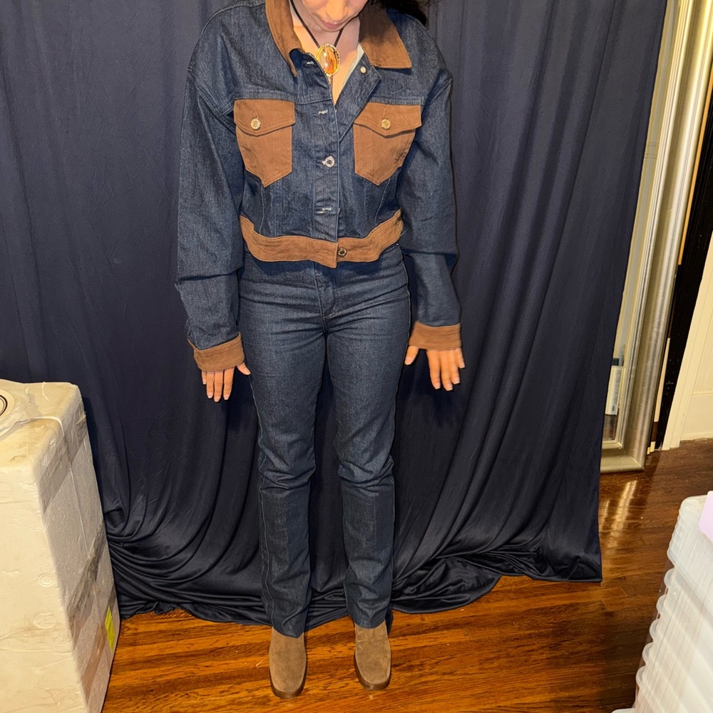 WeWoreWhat Dark Blue and Brown Women Jeans and jacket set